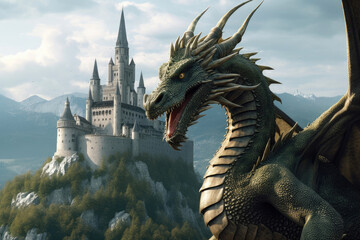 Fototapeta premium Guardian of the Kingdom: A Legendary Dragon and its Castle. Generative AI