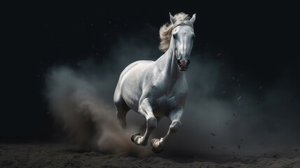 Fototapeta premium White horse run forward in dust on dark background. Generative Ai