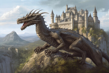 A Dragon Overlooking its Grand Castle. Generative AI