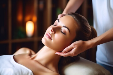 Obraz na płótnie Canvas Tranquil Delight: Graceful Woman Experiences Blissful Massage. Generative AI