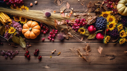 Thanksgiving background with autumn dried flowers, pumpkins and fall leaves on the old wooden background. Thanksgiving background with seasonal berries and fruits