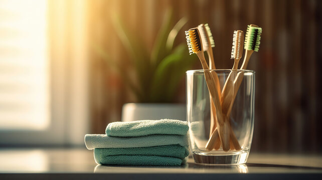The toothbrushes in a glass and white towels with copy space in bathroom. Generative Ai