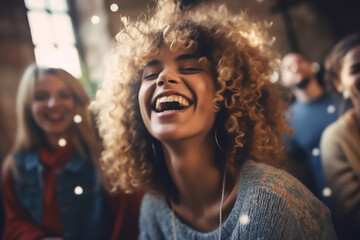Fototapeta premium Young woman or teenager laughing at party with friends - theme joy, celebration, being young, friends - Generative AI