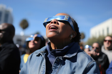 Woman looking up while looking at a solar eclipse - obrazy, fototapety, plakaty