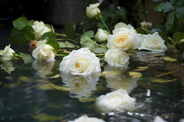 Obraz na płótnie Canvas White roses floating in water near vegetation