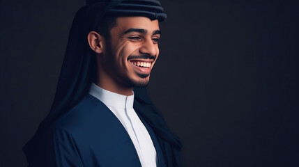 Obraz premium Sleek and Smiling: Young Saudi Model Poses Against Dark Blue Wall. Generative AI
