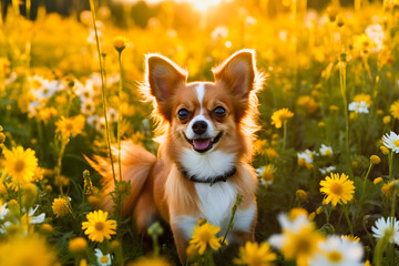 Whimsical Chihuahua in a Flower Field: Enchanting Image of Pet Surrounded by Blooms