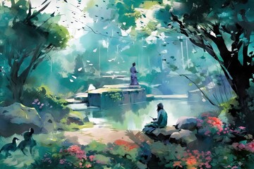 A tranquil garden in bloom watercolor illustration - Generative AI.