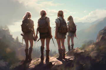 Slim Ladies Embracing the Outdoors on a Hiking Trail. Generative AI