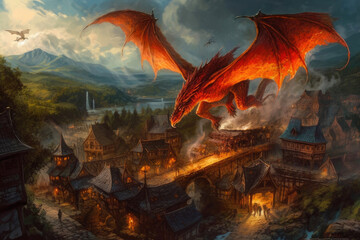 Flying dragon with a burning village below. Generative AI