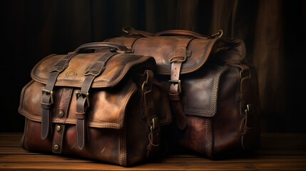 Front view Stacked old leather travel bags on wooden table