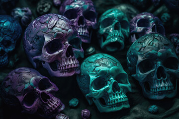 Enigmatic Beauty: Hyperrealistic Dark Turquoise and Dark Violet Skulls. Generative AI
