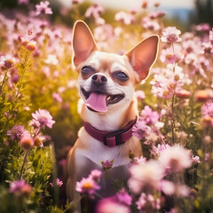 Floral Bliss: Cute Chihuahua Enjoying a Field of Vibrant Flowers