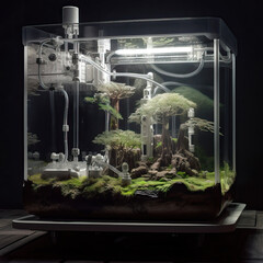 Transparent glass container containing plant ecology,futurism solarpunk Bionic mechanical Encapsulated environ