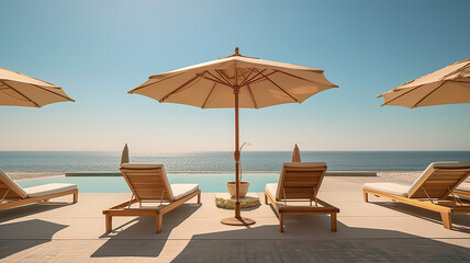 Fototapeta na wymiar a luxury gulf coast resort with lounge chairs. Generative Ai