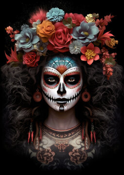 Calavera Catrina holding a skull over dark scary background. Sugar skull makeup. Dia de los muertos. Day of The Dead. Halloween.