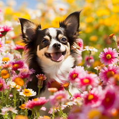 Fototapeta premium Chihuahua Surrounded by Flowers: Adorable Pet in a Colorful Field
