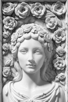 Marble bust of a woman with roses around her neck and a marble frame, with a marble background, sculpture, marble sculpture, neoclassicism. Generative AI, generative, AI