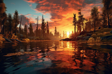 "A moment of tranquility: The still waters of an idyllic lake become a reflective mirror, capturing the vibrant hues of a breathtaking sunset in a scene of pure serenity." Generative AI 