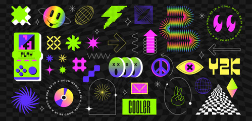Vintage stickers, frames and geometric brutalism shape graphic design in y2k style. Set of abstract vector elements and symbols isolated on black background. Retro neon figure, labels and objects.