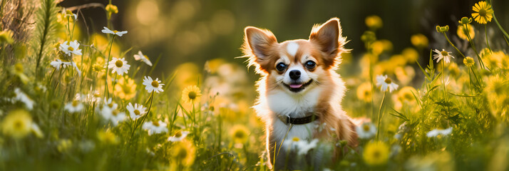 Cute Chihuahua in a Flower Field: Captivating Image of Pet Surrounded by Blooms