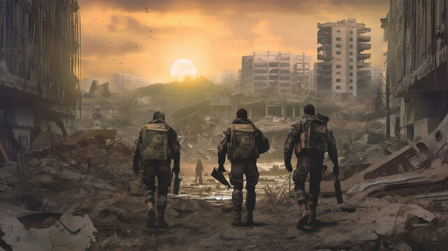 A group of servicemen walks through the ruined city in camouflage uniforms. AI generation
