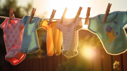 children's clothes are dried on a line. Generative AI - obrazy, fototapety, plakaty