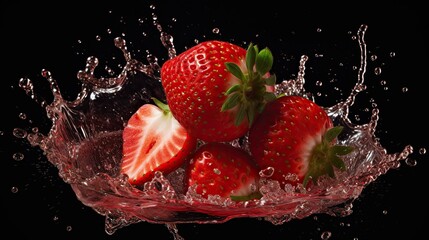 Fresh juicy strawberries, sliced, product photography, juice drops