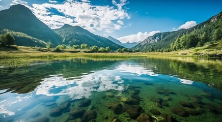 Lake near mountain under blue sky