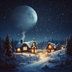 Fototapeta premium Winter mountain with snow covered decorated houses. Generative AI