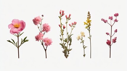 ollection of beautiful wax flowers, twigs and buds, isolated, flat lay, ai generated