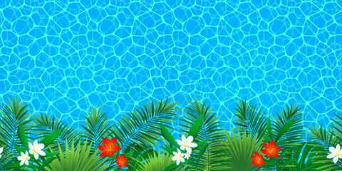 Tropical seamless border frame vector illustration. Rainforest foliage repeated wallpaper. Swimming pool endless pattern. Jungle plants template banner with tropic palm leaf and aquatic texture