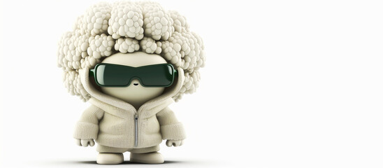 Hooded cauliflower.Isolated on gray background Generative AI Illustration with funny cartoon character. Copy space.