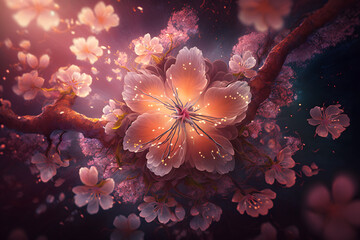Fototapeta na wymiar Fantasy Beautiful Sakura Flower, plant and leaves floral background