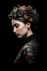 Naklejka premium Girl with flowers in her hair, abstract painted art, fashion . Generative ai