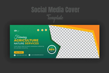 Farming and agriculture services for social media cover or post design template, modern lawn mower, Organic gardening, or landscaping with green gradient background and abstract yellow color shape