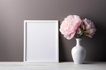 Simple wooden frame with empty white mockup picture. White table, vase, huge peony flower. Scandinavian or minimal interior design mock up presentation. Generated AI.