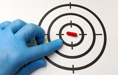 A doctor's or researcher's gloved hand pointing to a pill or drug on a target. Concept of...