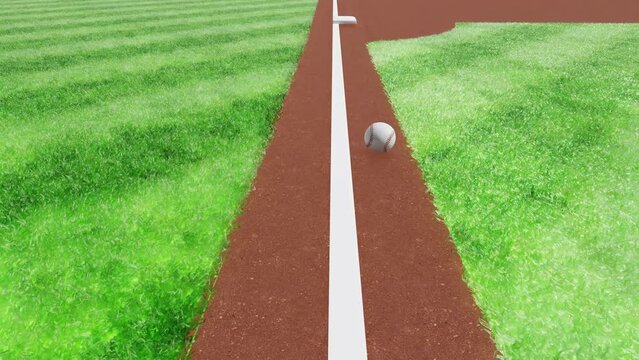 野球の打球が三塁線の白線上を転がりファールかフェアか確定しない不安定な状態
