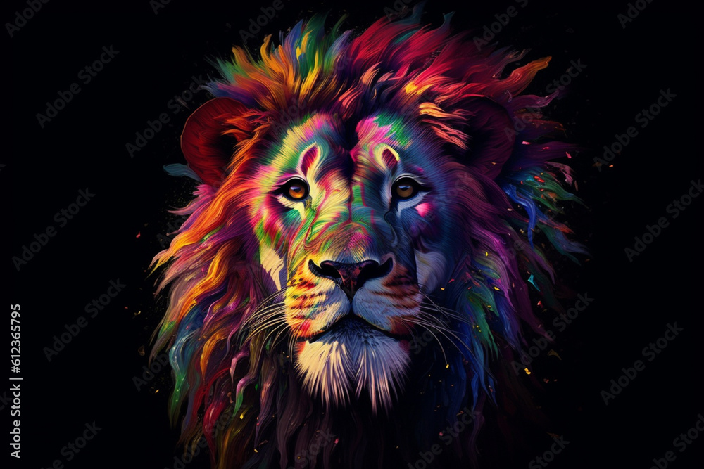 Poster a majestic lion with vibrant, multicolored paint dripping from its mane, showcasing its regal beauty