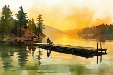 A serene lakeside dock watercolor illustration - Generative AI.