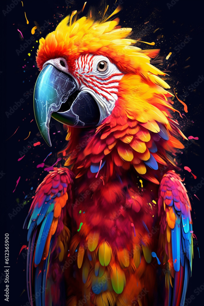 Poster a lively parrot with feathers dipped in a rainbow of paint drips, reflecting the vibrant and exotic 