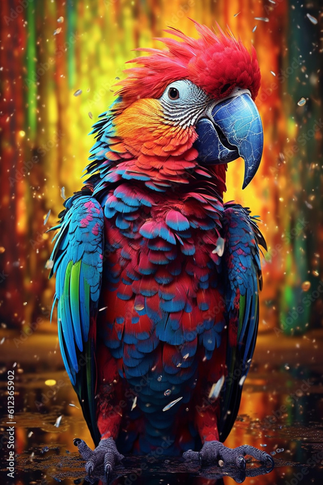 Poster a lively parrot with feathers dipped in a rainbow of paint drips, reflecting the vibrant and exotic 