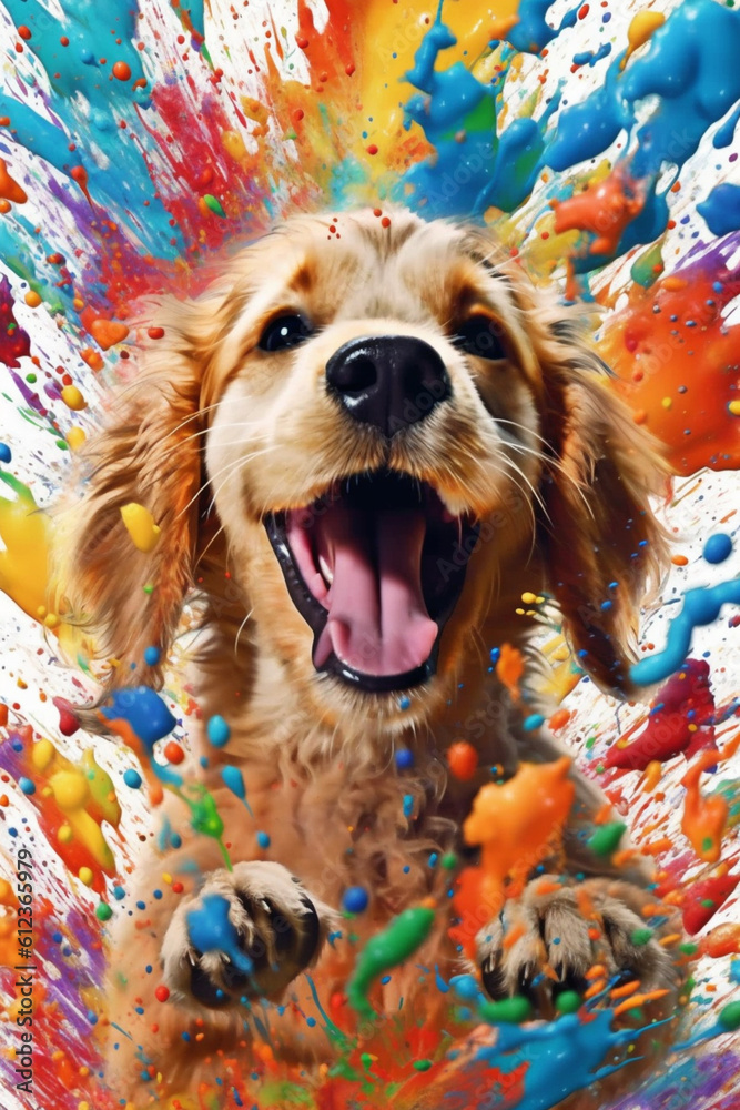 Poster a playful and energetic puppy with a wagging tail, its fur splattered with drips of bright and livel