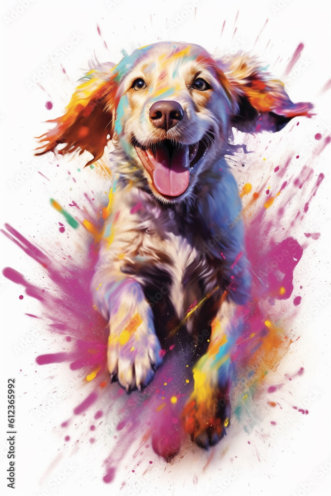 Poster A playful and energetic puppy with a wagging tail, its fur splattered with drips of bright and lively paint, capturing the joy and exuberance of these beloved pets. Generative AI technology.