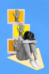 Vertical composite design collage of crying woman depression computer screen fingers manipulates zombie tv isolated on blue background