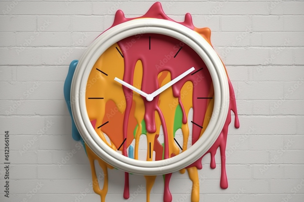 Poster A minimalist wall clock with subtle paint drips on the face, adding a unique and artistic touch to a functional home decor piece. Generative AI technology.