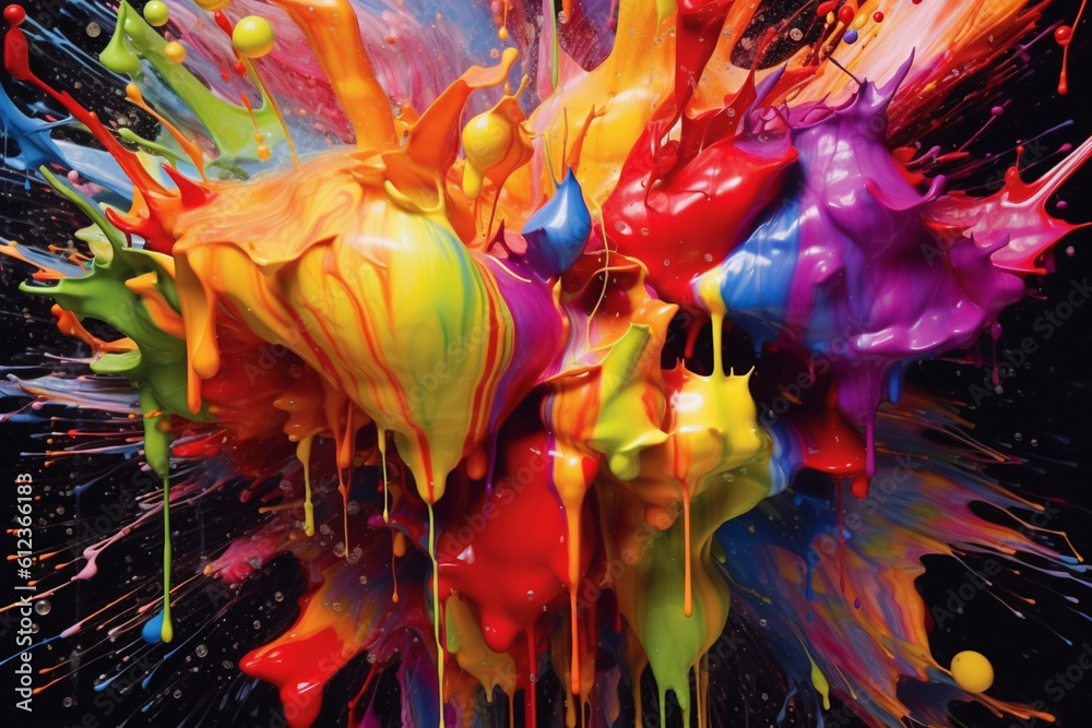 Poster A gallery exhibition showcasing large-scale paintings with dramatic and expressive paint drips, immersing viewers in a world of color and emotion.  Generative AI technology.
