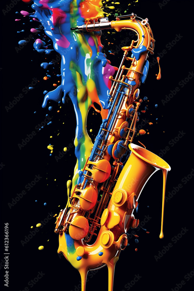 Aufkleber An abstract painting of a musical instrument with cascading paint drips, representing the harmony and rhythm of music through visual expression.  Generative AI technology.