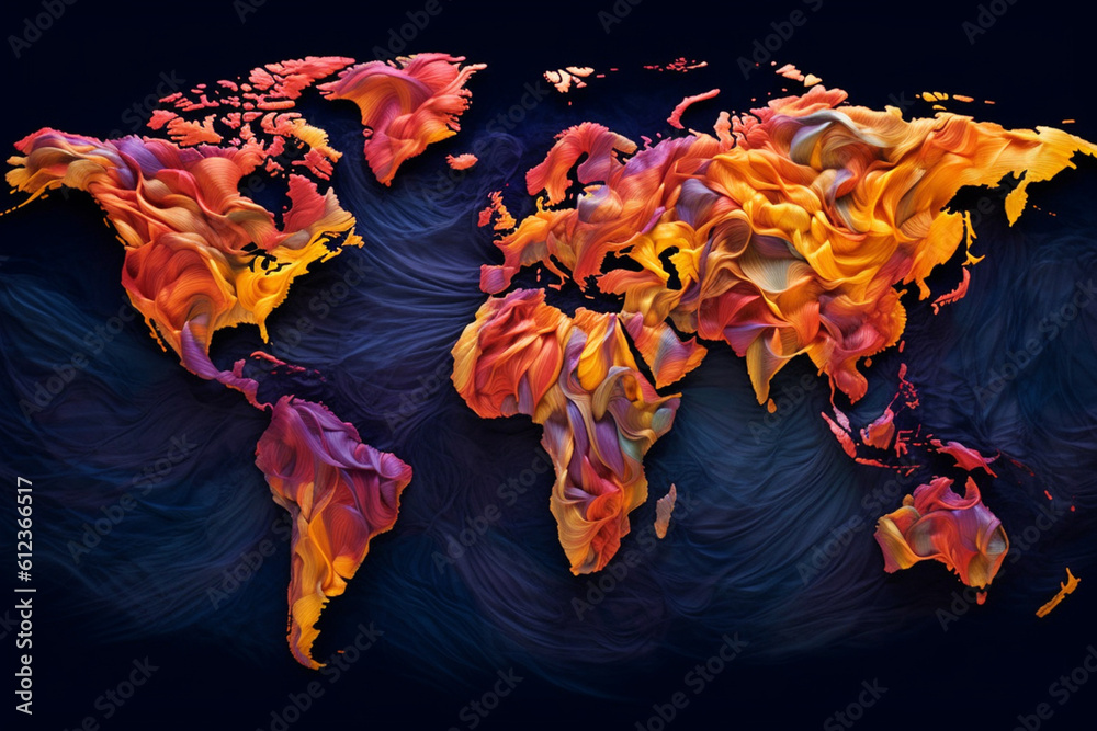 Poster an abstract world map composed of vibrant, swirling colors, representing the diversity and interconn